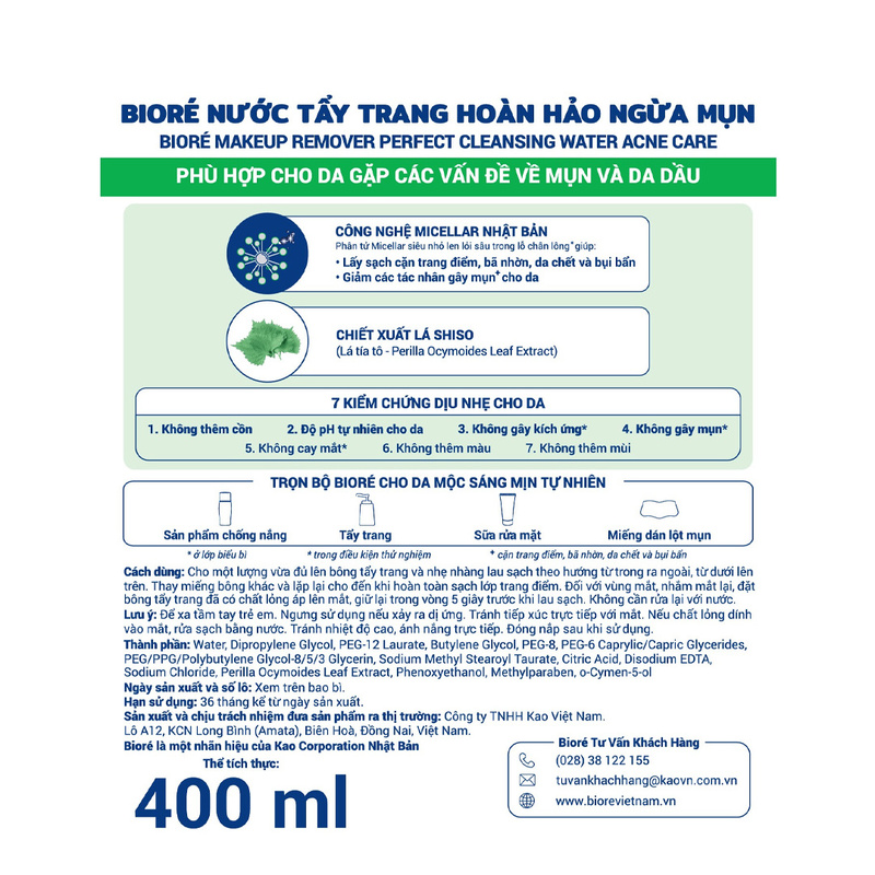 Nước Tẩy Trang Bioré Make Up Remover Acne Care Ngừa Mụn Hoàn Hảo 400ml