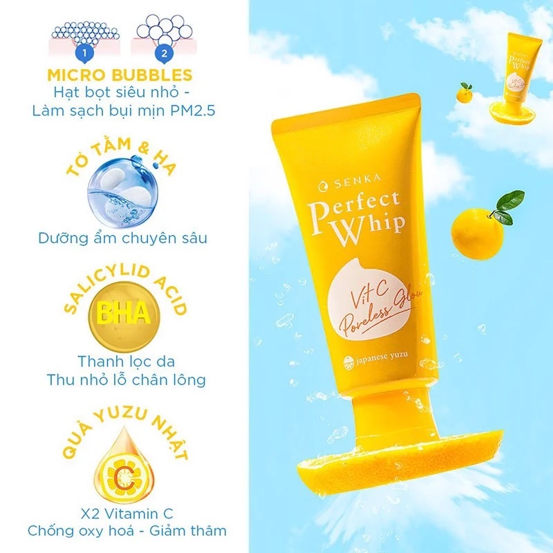Sữa Rửa Mặt Senka Perfect Whip Vitamin C Poreless Glow Làm Sáng Da 100g