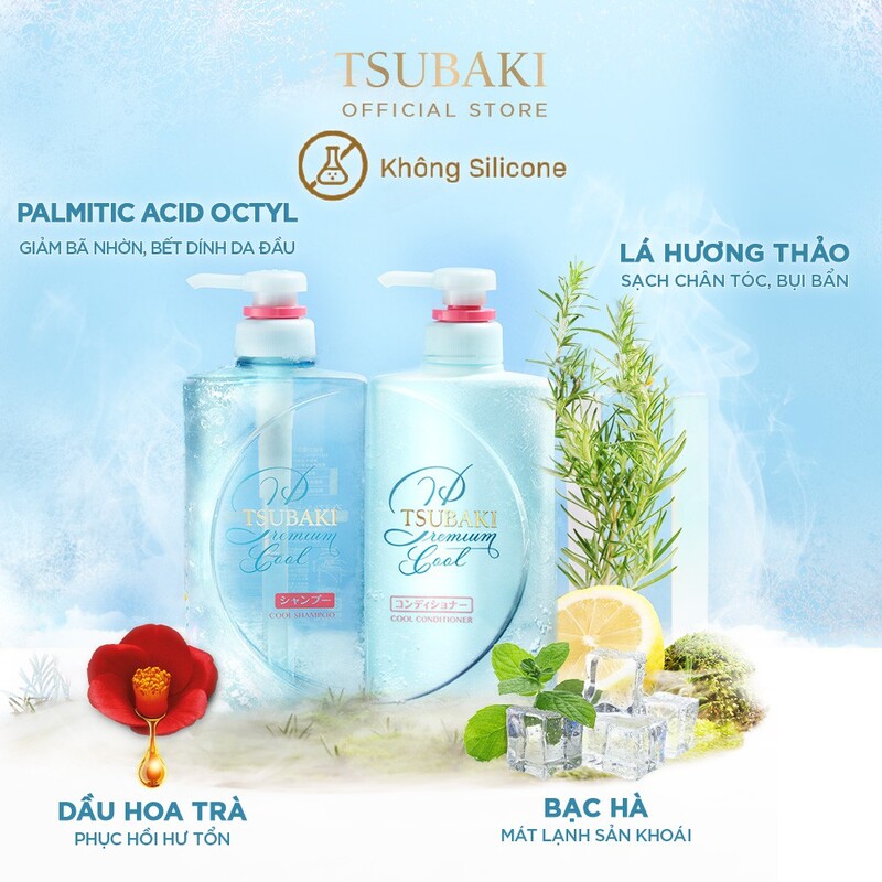 Bộ Gội Xả Tsubaki Premium Cool Set Sạch Dầu Mát Lạnh (Xanh) New 490ml