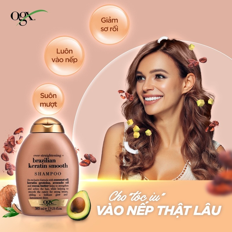 Dầu Gội OGX Ever Straightening + Brazilian Keratin Therapy Dưỡng Tóc Suôn Mượt 385ml