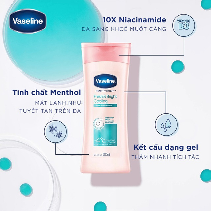 Sữa Dưỡng Thể Vaseline Dịu Mát Sáng Da 200ml Healthy Bright Fresh & Bright Cooling UV Niacinamide Lotion