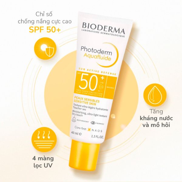 Kem Chống Nắng Bioderma Photoderm MAX Aquafluide SPF 50+  Giảm Bóng Nhờn 40ml (Không Màu) Tặng Sữa Rửa Mặt Dịu Nhẹ 45ml