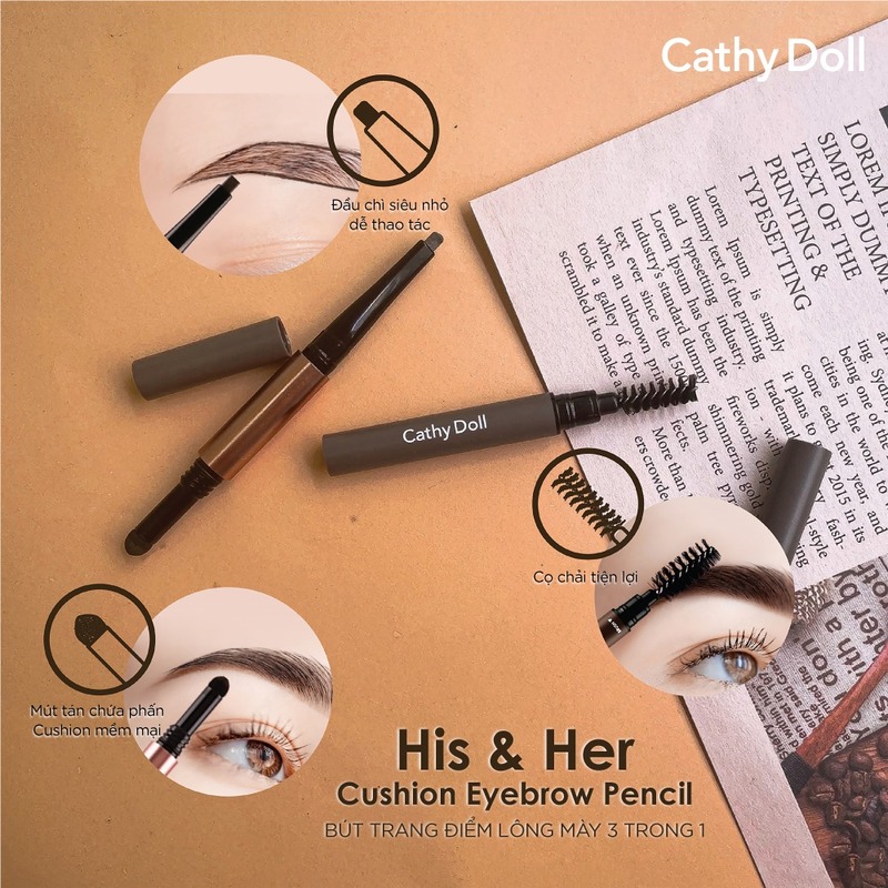 Chì Kẻ Mày Cathy Doll 3in1 His & Her Cushion Eyebrow Pencil #04 Gray Brown