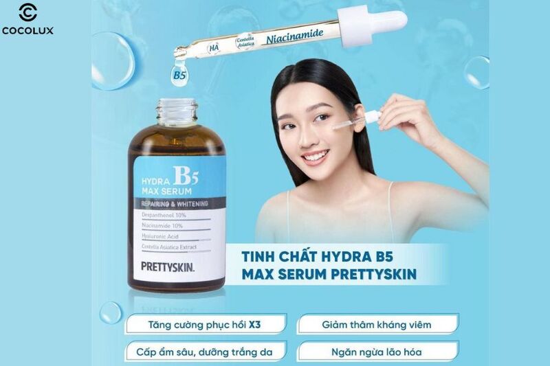 Công dụng chính của tinh chất Prettyskin Hydra Max Serum B5 phục hồi, dưỡng trắng da 50ml