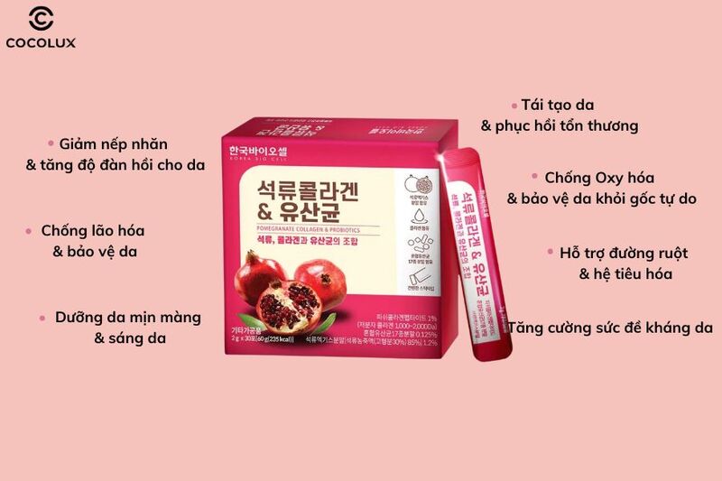 Công dụng chính của bột uống Collagen lựu đỏ Bio Cell Pomegranate Collagen & Probiotics 60g