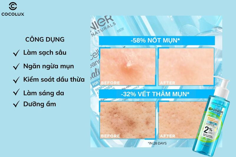 C&ocirc;ng dụng ch&iacute;nh của Gel rửa mặt Garnier Bright Complete Anti-Acne