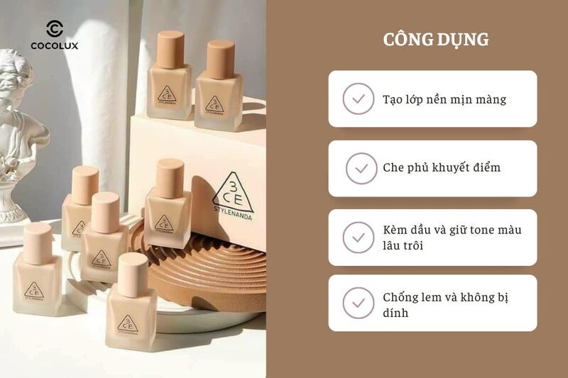 C&ocirc;ng dụng nổi bật của Kem Nền 3CE Velvet Fit Foundation Mịn L&igrave; 30g&nbsp;