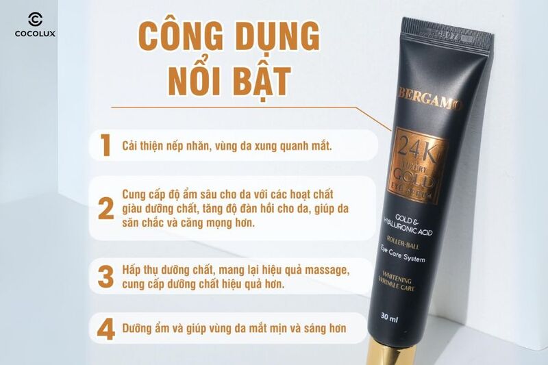 Công dụng nổi bật của Lăn Dưỡng Mắt Bergamo Trị Thâm 24k Luxury Gold Eye Serum 30ml