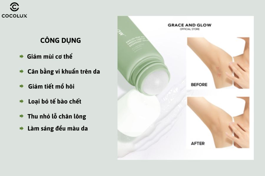 Công dụng của Lăn Khử Mùi Grace And Glow Làm Sáng Da English Pear Freesia AHA BHA Probiotic