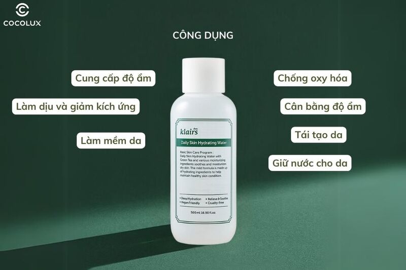 Công dụng chính của Nước Hoa Hồng Klairs Trà Xanh Cấp Ẩm Làm Dịu Da Daily Skin Hydrating Water 500ml 