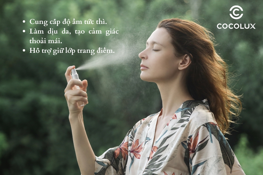 Xịt khoáng cấp ẩm tức thì, làm dịu da, giữ lớp trang điểm bền màu và bảo vệ da khỏi tác động môi trường.