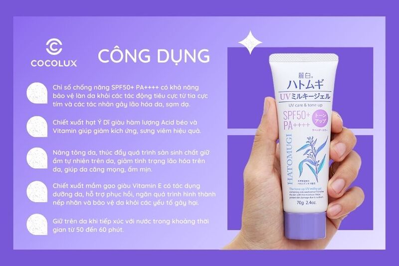 C&ocirc;ng dụng của Kem Chống Nắng Hatomugi &Yacute; Dĩ Cấp Ẩm, N&acirc;ng T&ocirc;ng Da