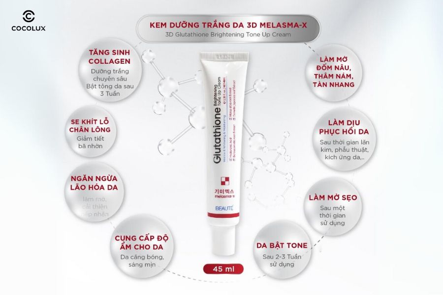 công dụng của Kem dưỡng Melasma-X Glutathione Brightening Tone Up Cream