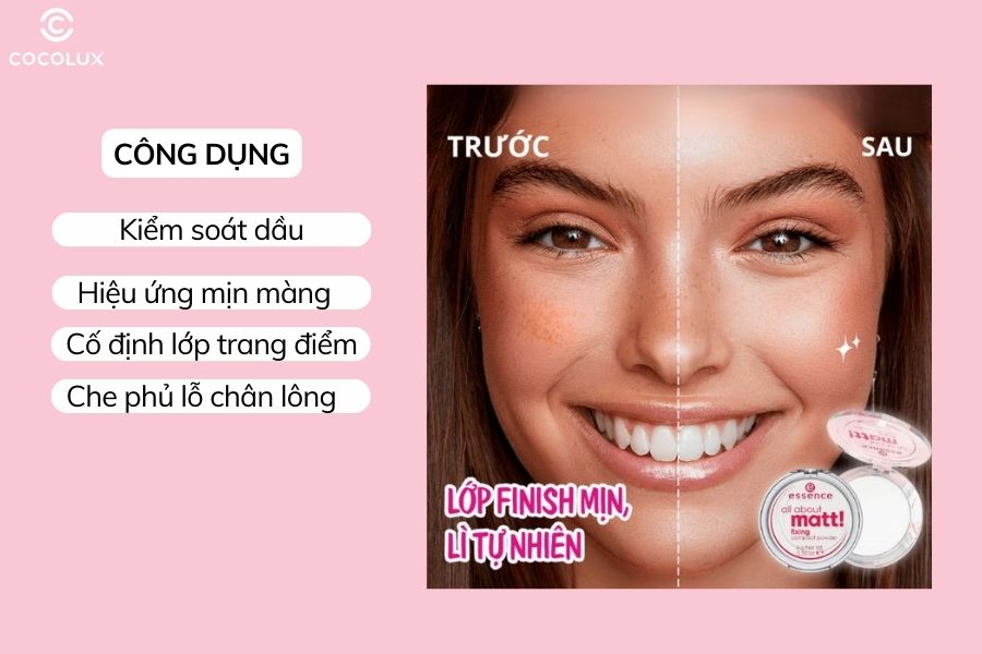 Công dụng của phấn phủ Essence All About Matt kiềm dầu, lâu trôi