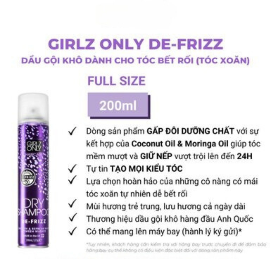 Dầu Gội Khô Dành Cho Tóc Bết Rối Girlz Only Dry Shampoo De-Frizz 200ml