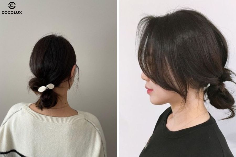 Vặn búi tóc thấp khi tóc ẩm giúp giữ nếp thẳng tự nhiên, thích hợp cho tóc hơi gợn nhẹ