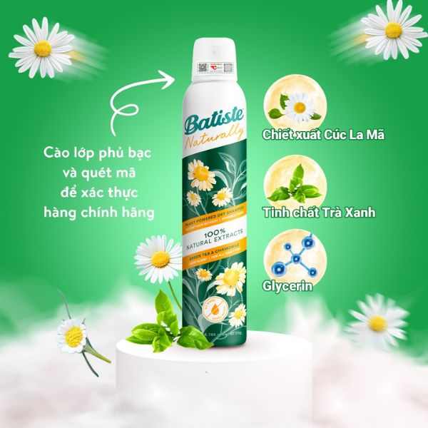 Gội Khô Batiste Cao Cấp Cúc La Mã Trà Xanh 200ml