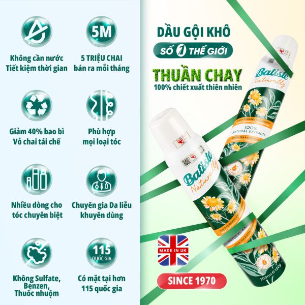 Gội Khô Batiste Cao Cấp Cúc La Mã Trà Xanh 200ml