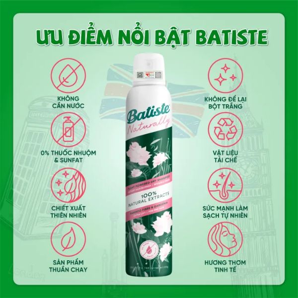 Gội Khô Batiste Cao Cấp Hoa Dành Dành Tre Vàng 200ml