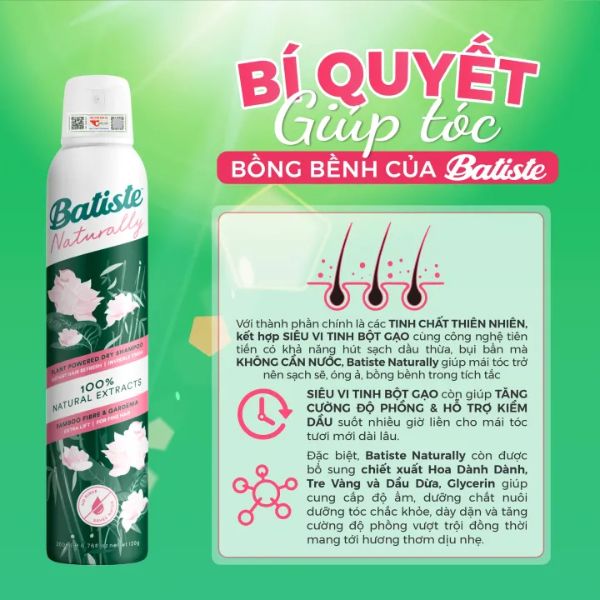 Gội Khô Batiste Cao Cấp Hoa Dành Dành Tre Vàng 200ml