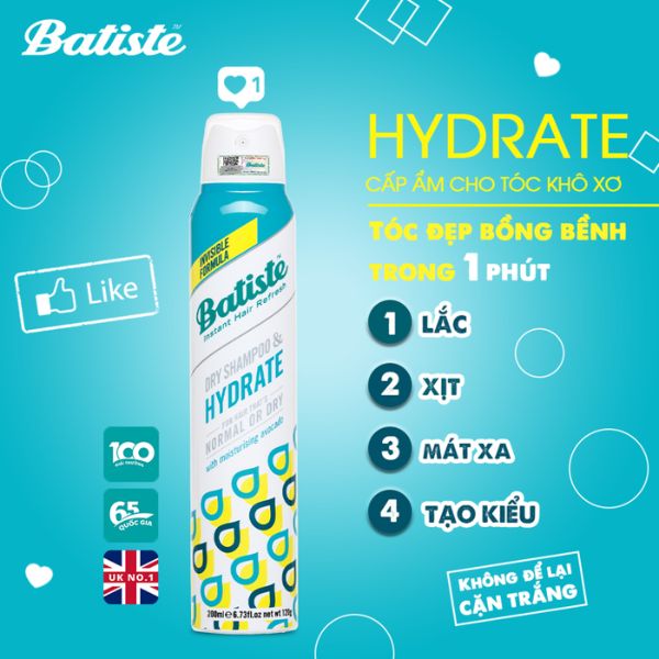 Gội Khô Batiste Cấp Ẩm Cho Tóc Khô Hydrate 200ml