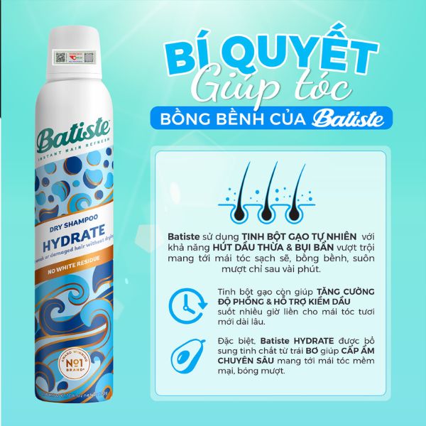 Gội Khô Batiste Cấp Ẩm Cho Tóc Khô Hydrate 200ml