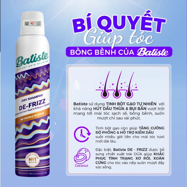 Gội Khô Batiste Chống Xơ Rối De-frizz 200ml