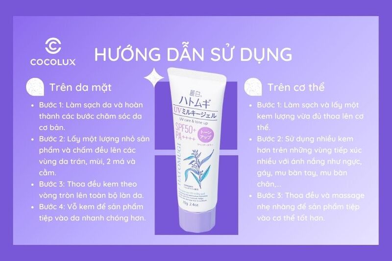 Hướng dẫn sử dụng của Kem Chống Nắng Hatomugi Ý Dĩ Cấp Ẩm, Nâng Tông Da