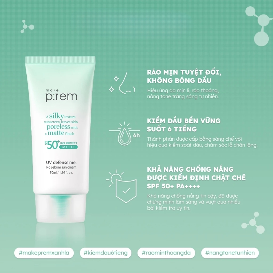 Kem Chống Nắng No Sebum Sun Cream Make P:rem Kiềm Dầu 6H SPF 50+ PA++++ - 50ml