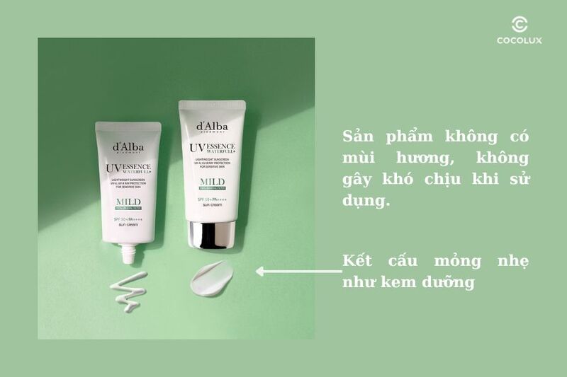 Kết cấu, mùi hương của kem chống nắng D'alba UV Essence Water Full Mild 100%