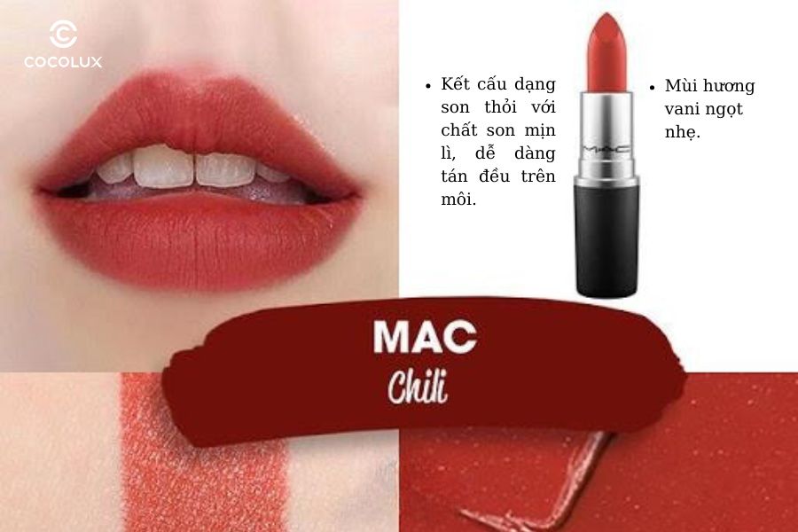 Kết cấu, mùi hương của Son Thỏi MAC Matte Lipstick - 602 Chili