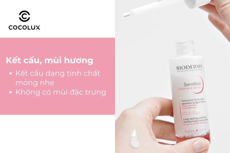 Kết cấu, mùi hương của Serum Bioderma Sensibio Defensive Dưỡng Ẩm Và Làm Dịu Da Nhạy Cảm 30ml