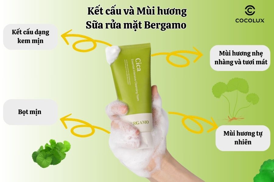 Kết cấu v&agrave; m&ugrave;i hương của Sữa rửa mặt Bergamo