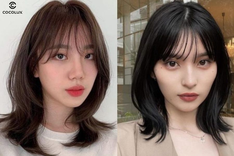 Tóc bob ngang vai uốn cụp nhẹ, giúp khuôn mặt dài trông hài hòa và cân đối hơn