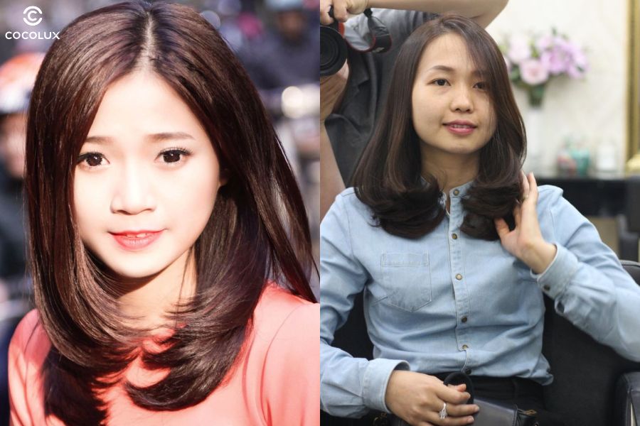 Tóc cụp chữ C kết hợp mái dài uốn nhẹ giúp gương mặt vuông trông mềm mại và dịu dàng hơn