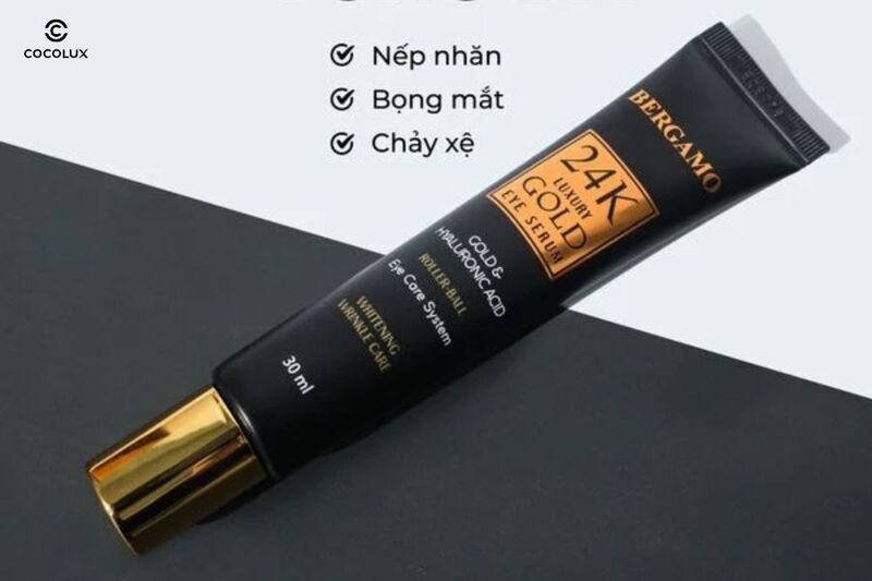 Thiết kế bao bì của Lăn Dưỡng Mắt Bergamo Trị Thâm 24k Luxury Gold Eye Serum 30ml
