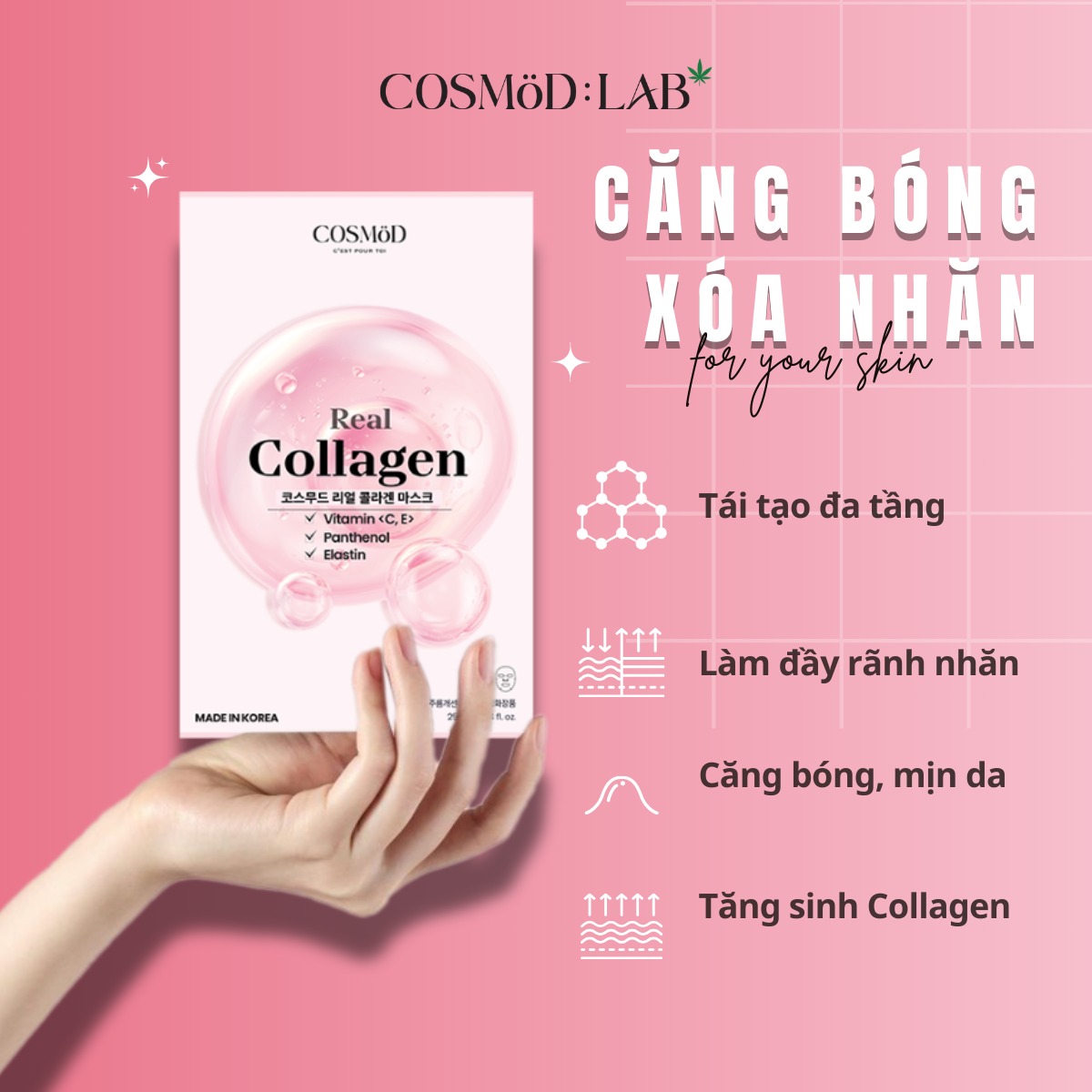 Mặt Nạ Cosmod Real Collagen Vitamin C E Panthemol Elastin - Hồng