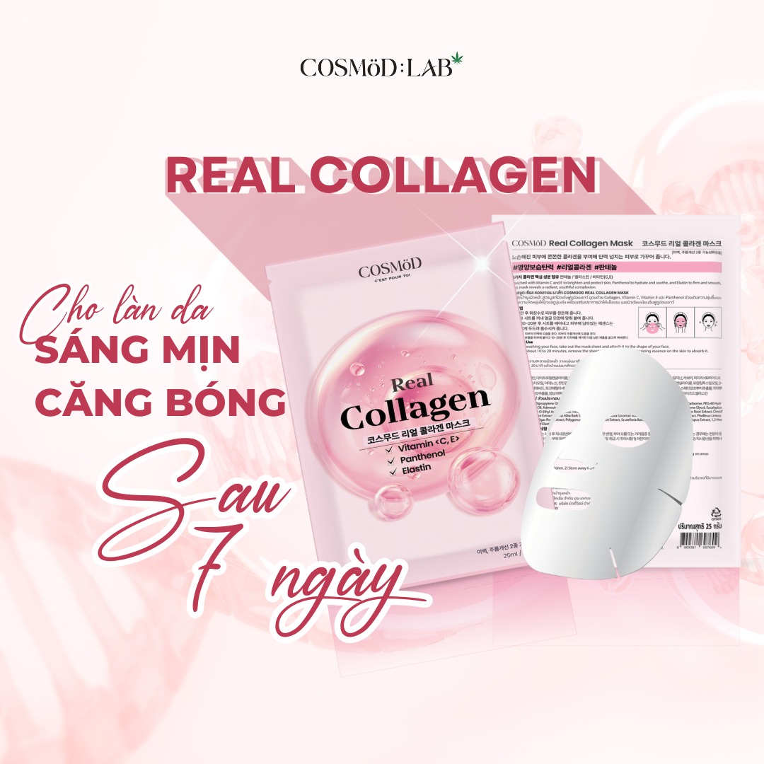 Mặt Nạ Cosmod Real Collagen Vitamin C E Panthemol Elastin - Hồng