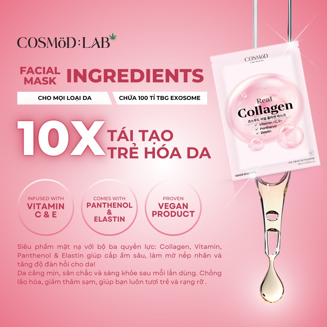 Mặt Nạ Cosmod Real Collagen Vitamin C E Panthemol Elastin - Hồng