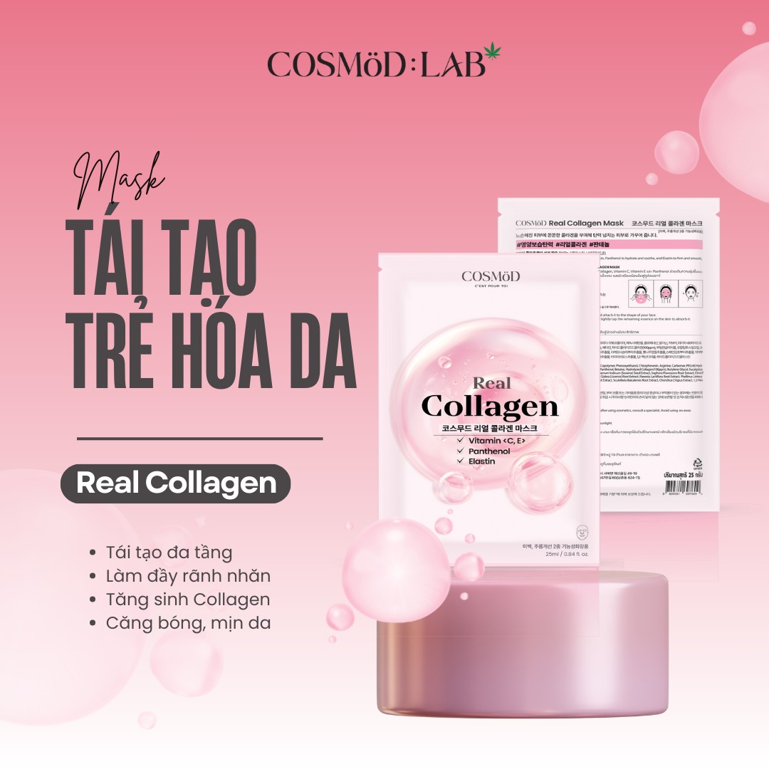 Mặt Nạ Cosmod Real Collagen Vitamin C E Panthemol Elastin - Hồng