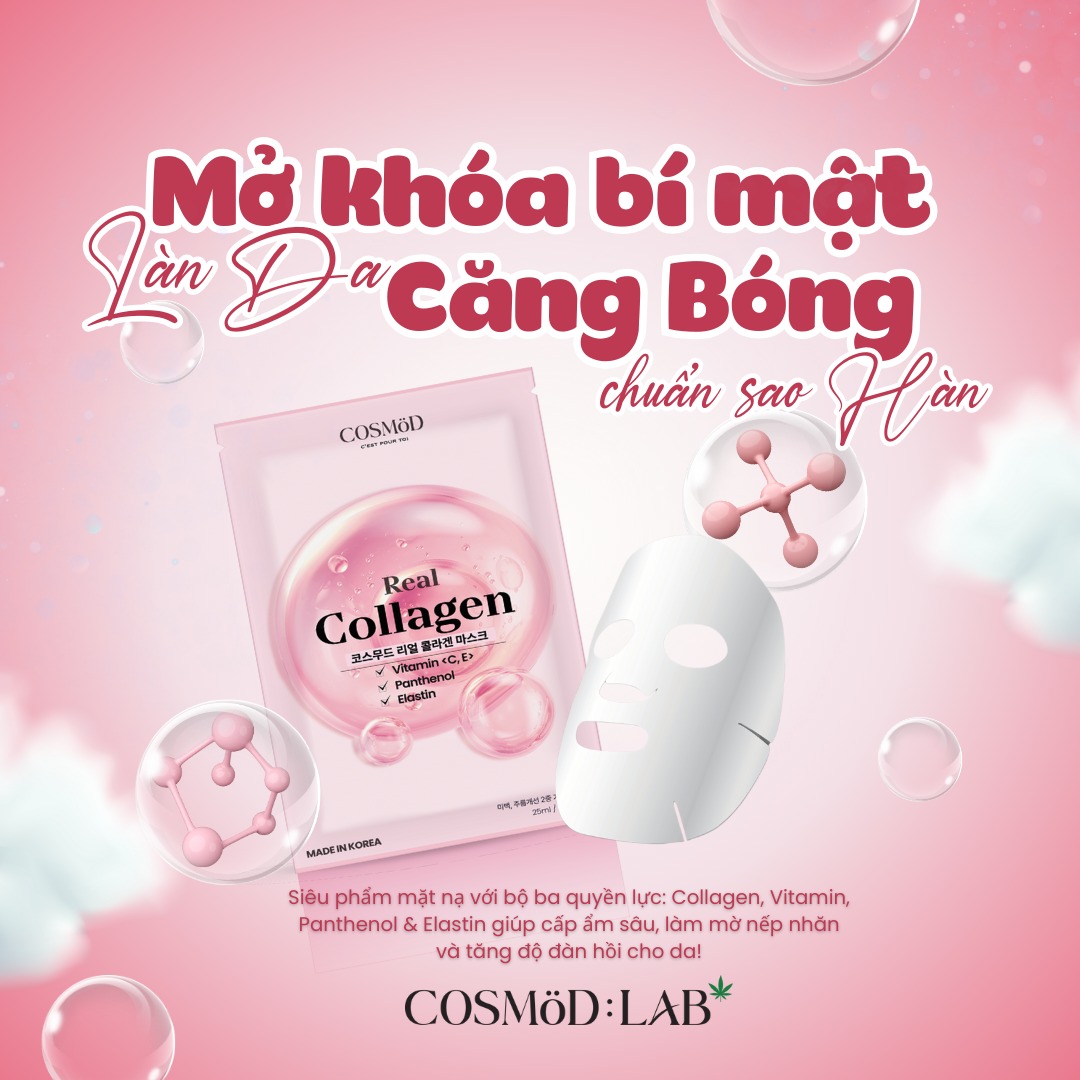 Mặt Nạ Cosmod Real Collagen Vitamin C E Panthemol Elastin - Hồng