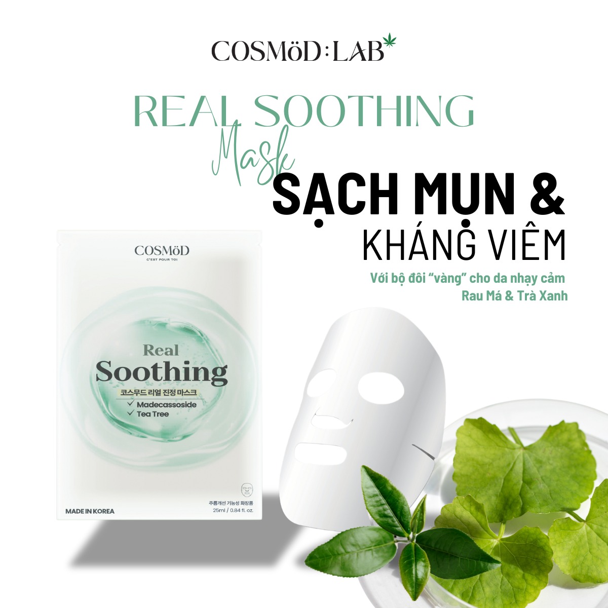 Mặt Nạ Cosmod Real Soothing Madecassoside Tea Tree - Xanh