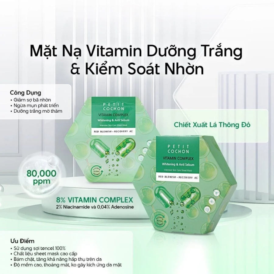 Mặt Nạ Dưỡng Trắng, Hỗ Trợ Giảm Mụn Petitcochon Vitamin Complex Whitening & Anti Sebum