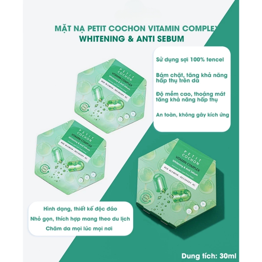 Mặt Nạ Dưỡng Trắng, Hỗ Trợ Giảm Mụn Petitcochon Vitamin Complex Whitening & Anti Sebum