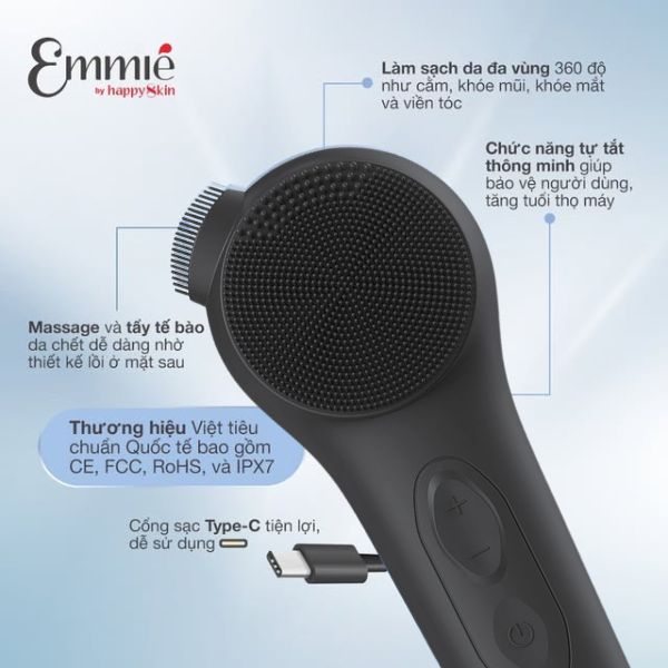 Máy Rửa Mặt Emmié Premium Facial Brush & Massager Sonic Heat Pro - Black