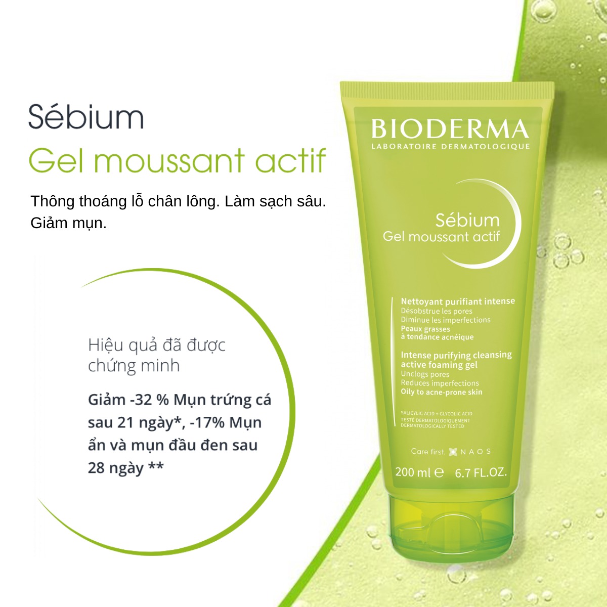 Mô tả gel rửa mặt Bioderma Sébium Gel Moussant Actif