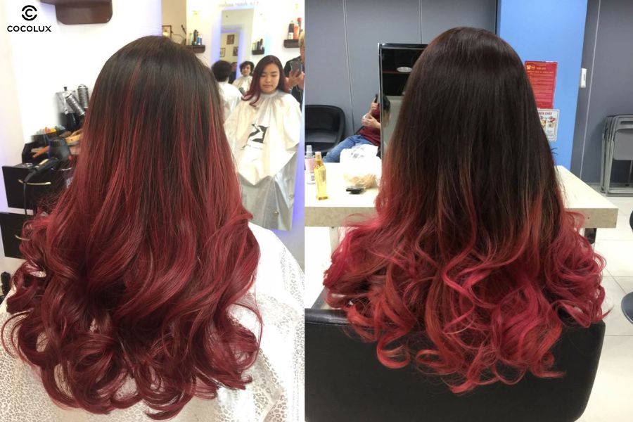 Tóc nhuộm ombre màu đỏ cam rực rỡ và cá tính