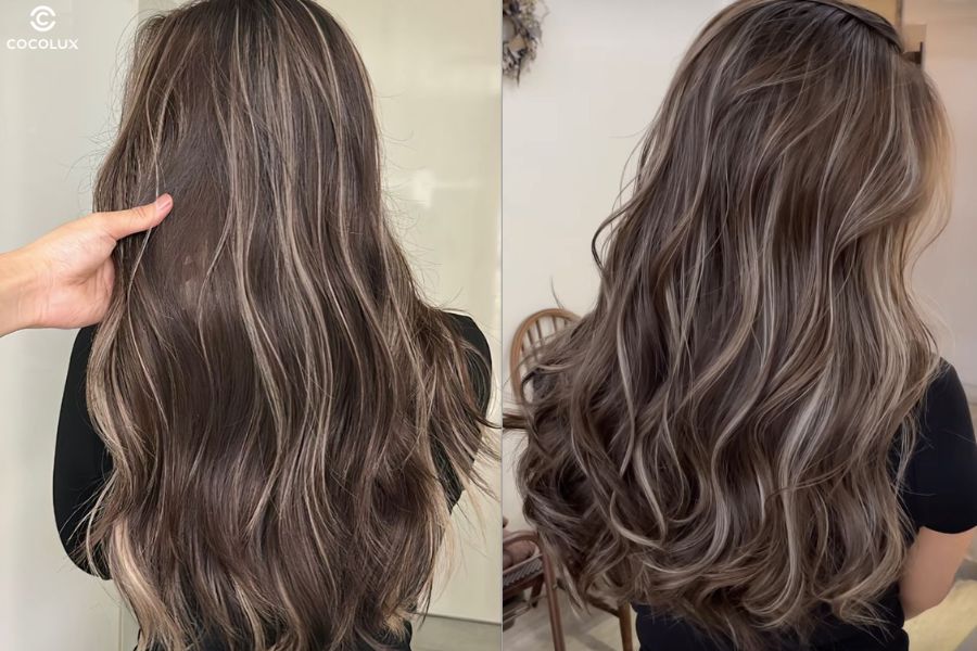 Tóc nhuộm ombre màu nâu ánh rêu nhẹ nhàng và hiện đại