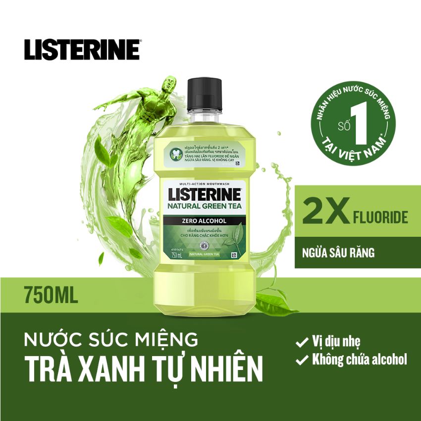 Nước Súc Miệng Listerine Natural Green Tea Zero Alcohol Ngừa Sâu Răng 750ml