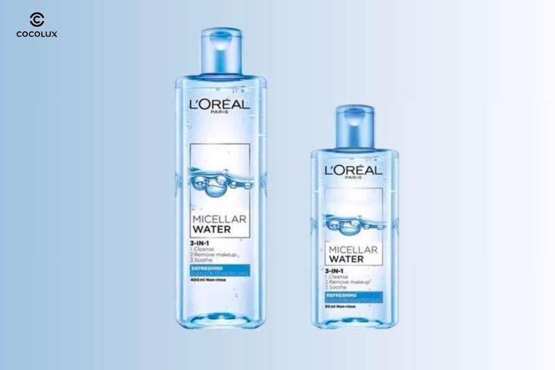 Nước Tẩy Trang Loreal Micellar Water Màu Xanh Nhạt Dành Cho Da Dầu Hỗn Hợp có 2 dung tích là 95ml và 400ml